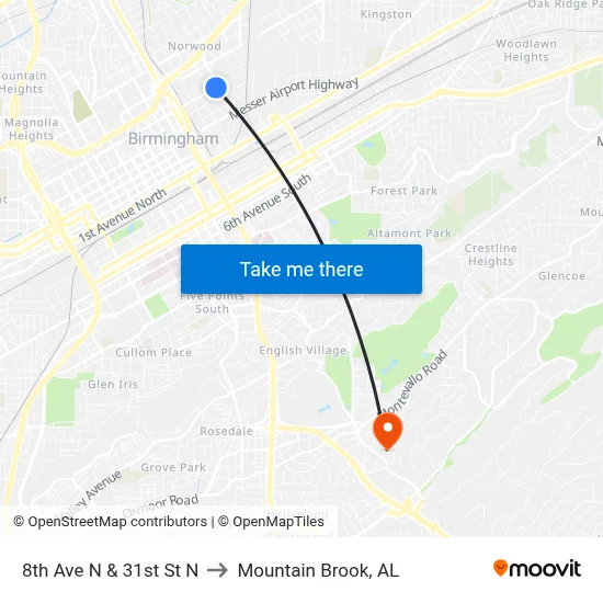 8th Ave N & 31st St N to Mountain Brook, AL map