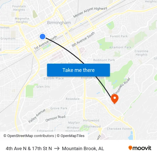 4th Ave N & 17th St N to Mountain Brook, AL map