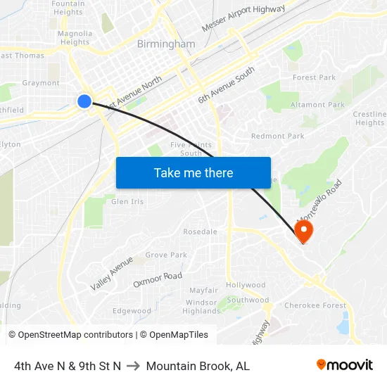 4th Ave N & 9th St N to Mountain Brook, AL map