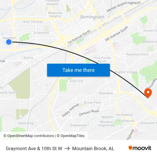 Graymont Ave & 10th St W to Mountain Brook, AL map