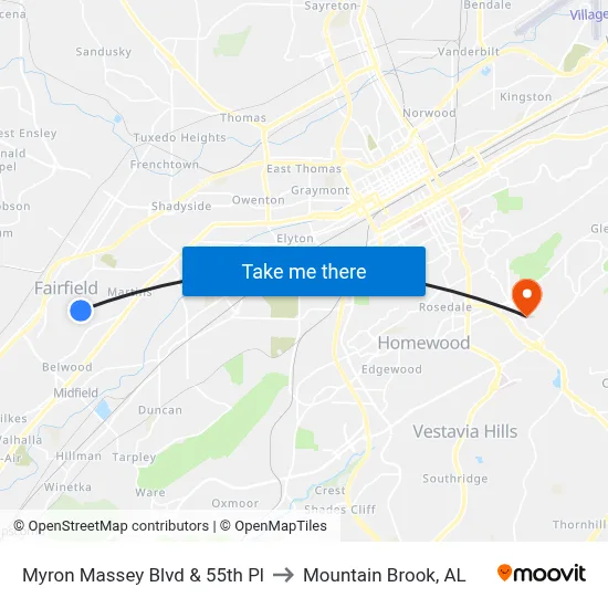 Myron Massey Blvd & 55th Pl to Mountain Brook, AL map