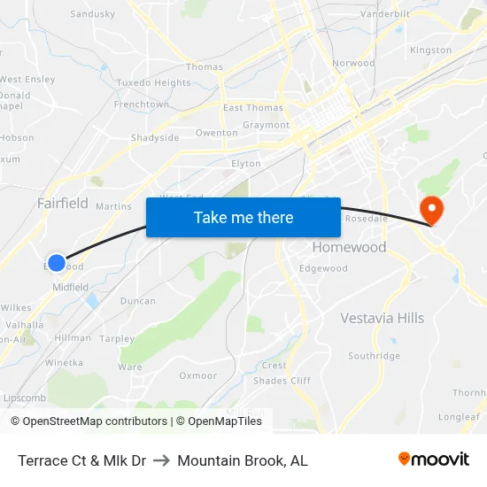 Terrace Ct & Mlk Dr to Mountain Brook, AL map