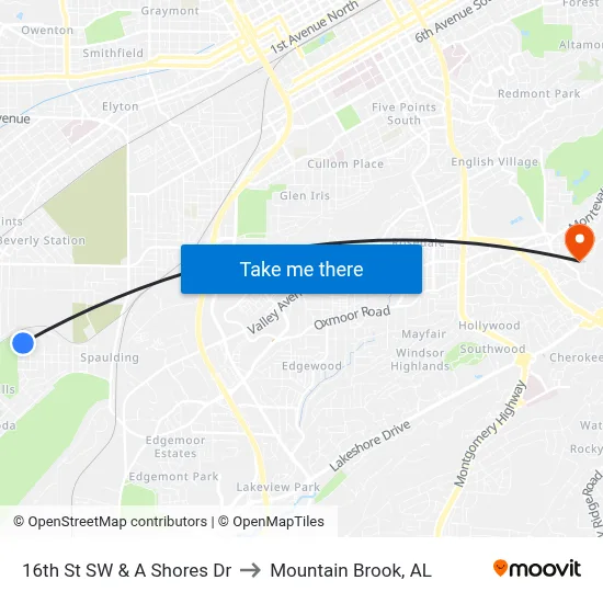 16th St SW & A Shores Dr to Mountain Brook, AL map