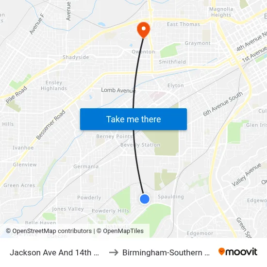 Jackson Ave And 14th Way SW to Birmingham-Southern College map