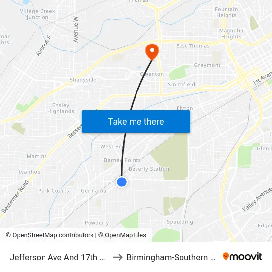 Jefferson Ave And 17th Way SW to Birmingham-Southern College map