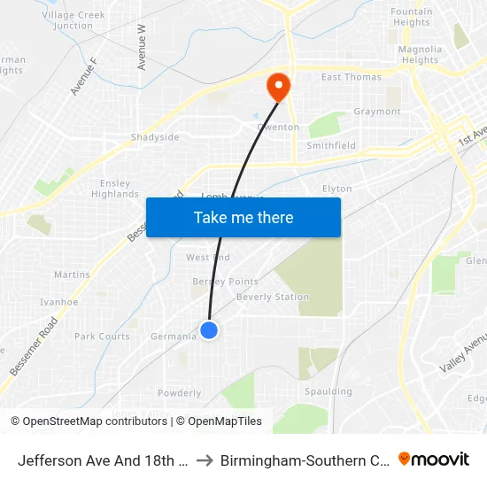 Jefferson Ave And 18th St SW to Birmingham-Southern College map