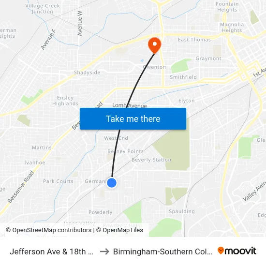 Jefferson Ave & 18th Way to Birmingham-Southern College map