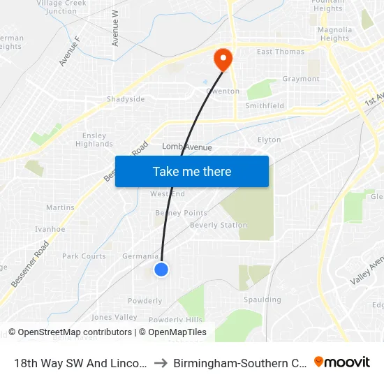 18th Way SW And Lincoln Ave to Birmingham-Southern College map