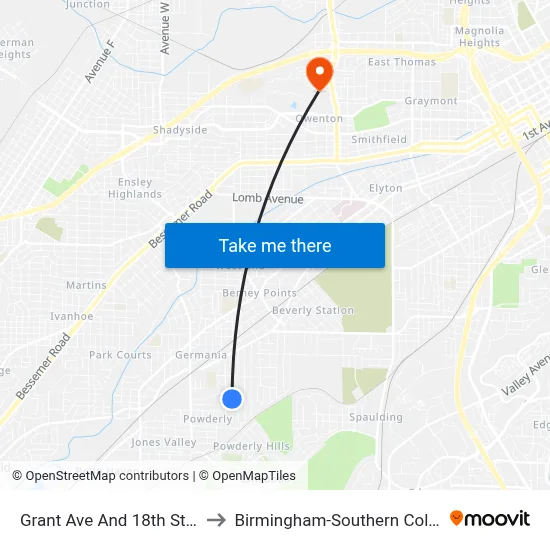 Grant Ave And 18th St SW to Birmingham-Southern College map