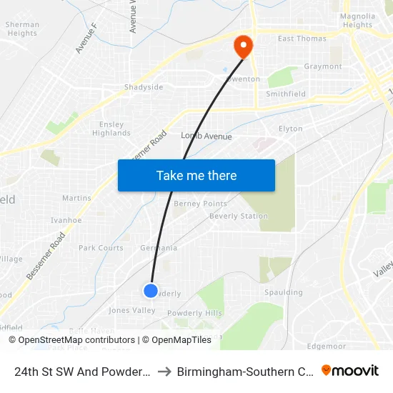 24th St SW And Powderly Ave to Birmingham-Southern College map