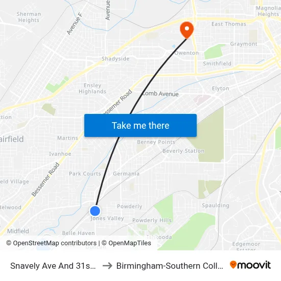 Snavely Ave And 31st St to Birmingham-Southern College map