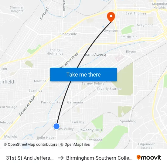 31st St And Jefferson to Birmingham-Southern College map