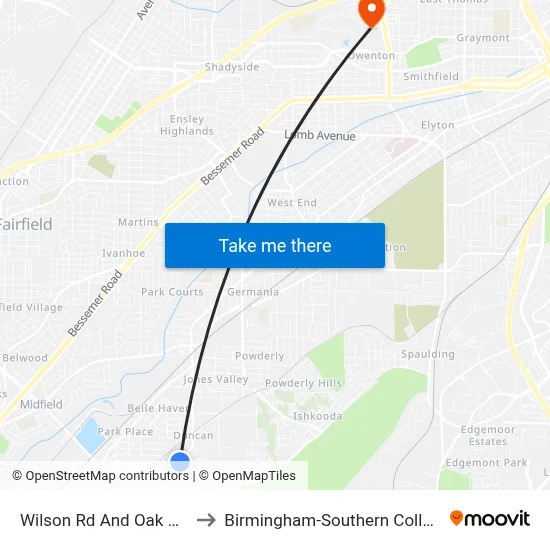 Wilson Rd And Oak Ave to Birmingham-Southern College map