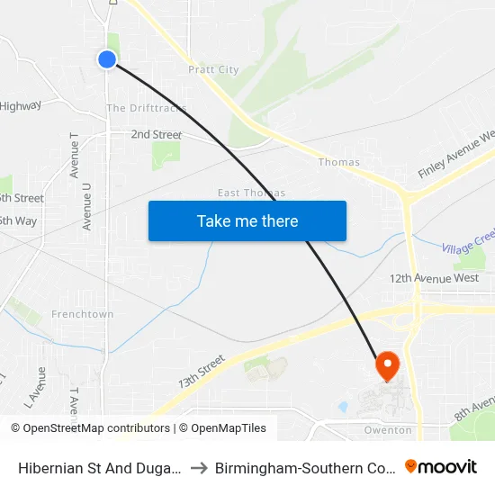 Hibernian St And Dugan Rd to Birmingham-Southern College map