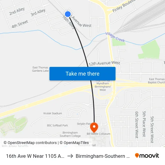 16th Ave W Near 1105 Address to Birmingham-Southern College map