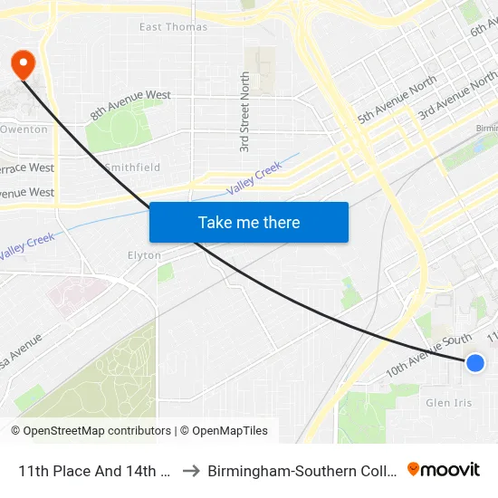 11th Place And 14th Ave to Birmingham-Southern College map