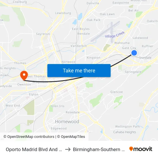 Oporto Madrid Blvd And 66th St to Birmingham-Southern College map