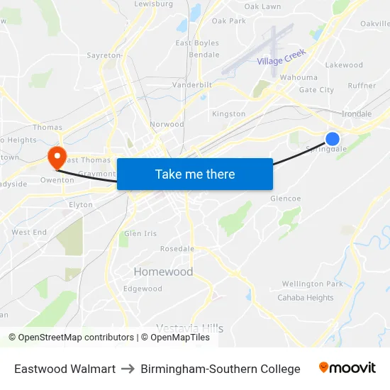 Eastwood Walmart to Birmingham-Southern College map