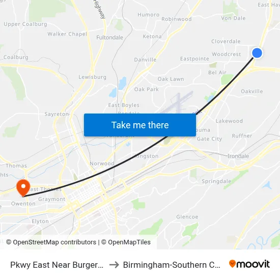 Pkwy East Near Burger King to Birmingham-Southern College map