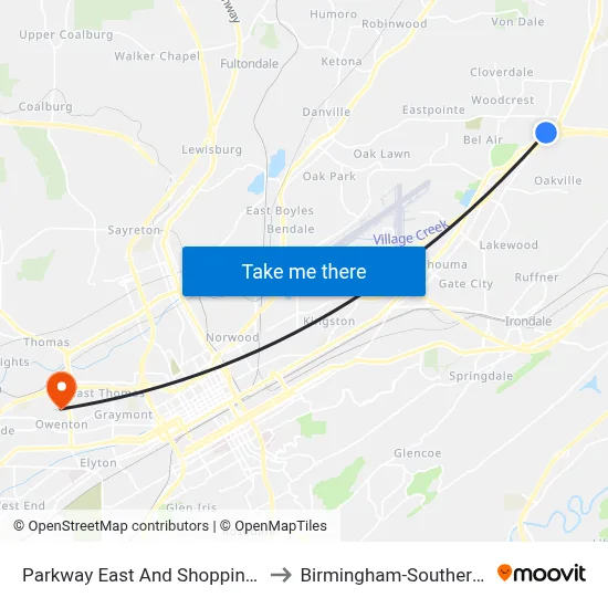 Parkway East And Shopping Center Dr to Birmingham-Southern College map