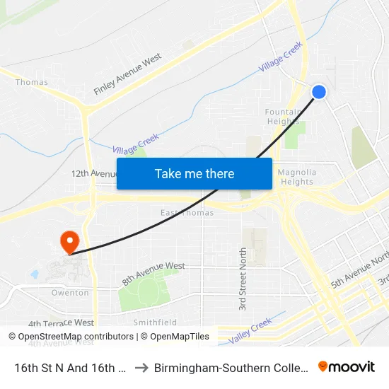 16th St N And 16th Ct to Birmingham-Southern College map