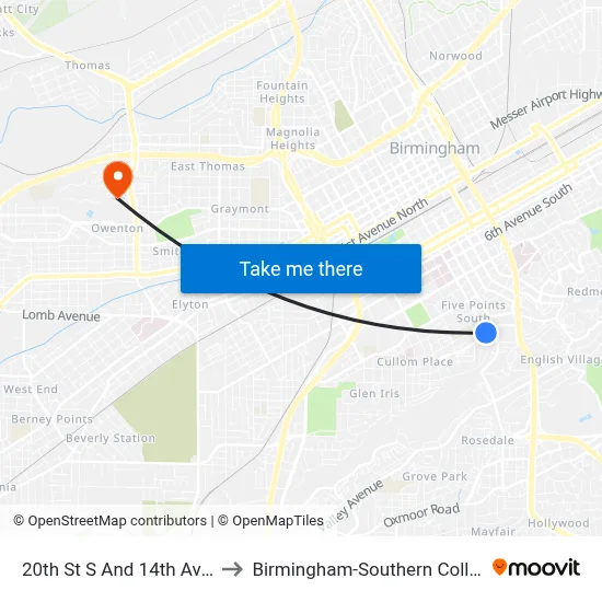 20th St S And 14th Ave S to Birmingham-Southern College map