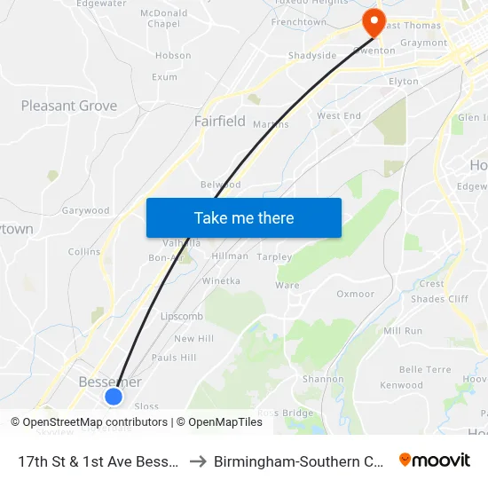 17th St & 1st Ave Bessemer to Birmingham-Southern College map