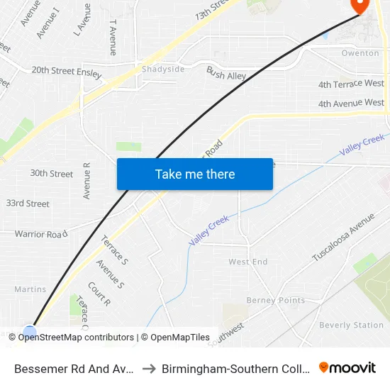 Bessemer Rd And Ave O to Birmingham-Southern College map