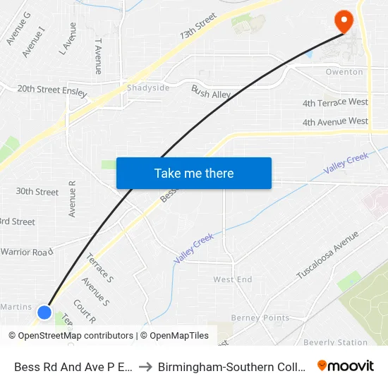Bess Rd And Ave P Ens to Birmingham-Southern College map