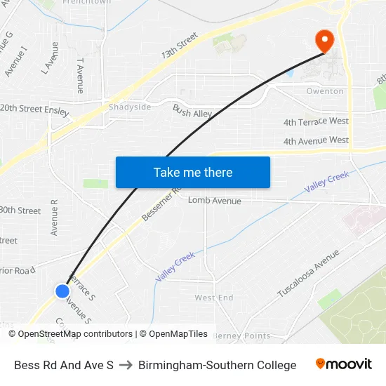 Bess Rd And Ave S to Birmingham-Southern College map