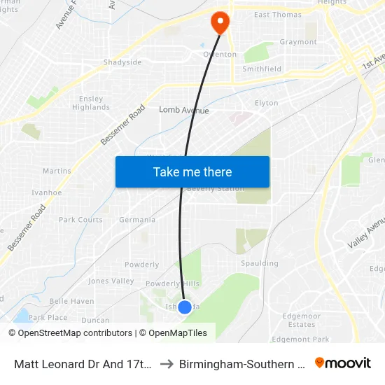 Matt Leonard Dr And 17th Pl SW to Birmingham-Southern College map