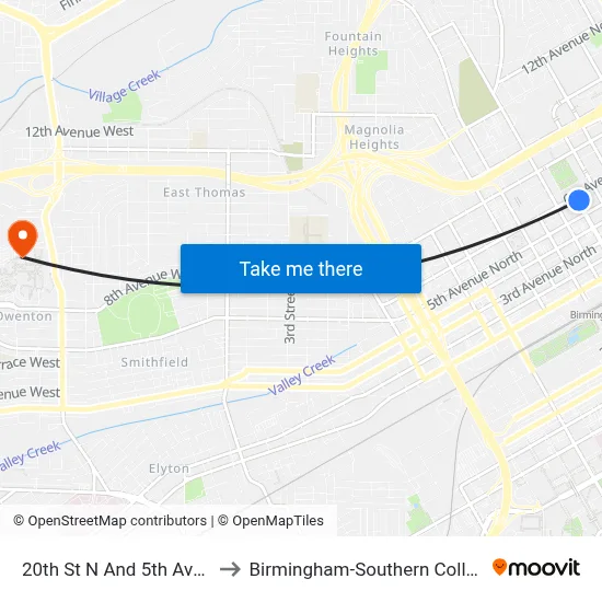 20th St N And 5th Ave N to Birmingham-Southern College map