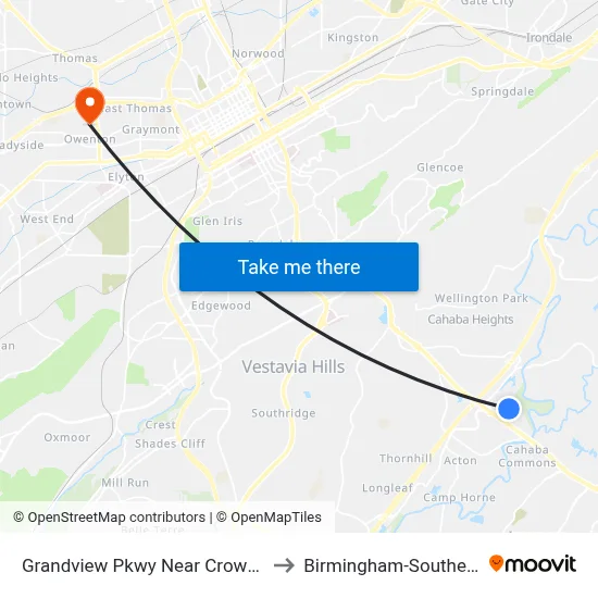 Grandview Pkwy Near Crowne Plaza Apts to Birmingham-Southern College map