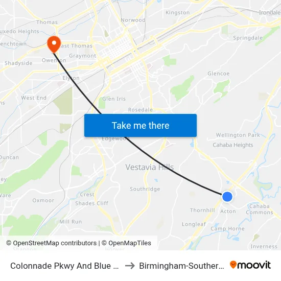 Colonnade Pkwy And Blue Lake Dr (Ib) to Birmingham-Southern College map