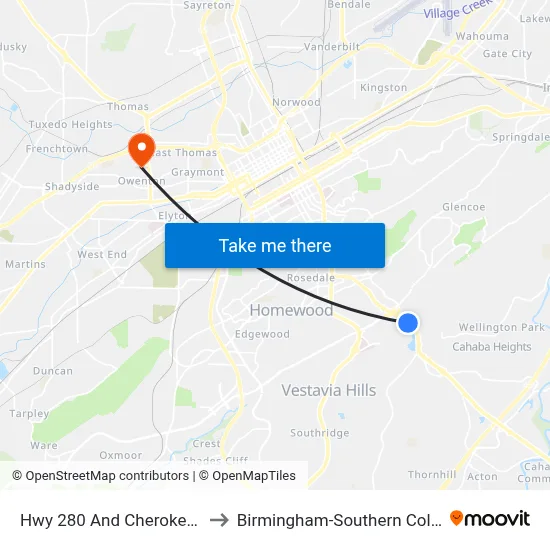Hwy 280 And Cherokee Rd to Birmingham-Southern College map