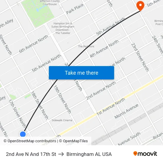 2nd Ave N And 17th St to Birmingham AL USA map
