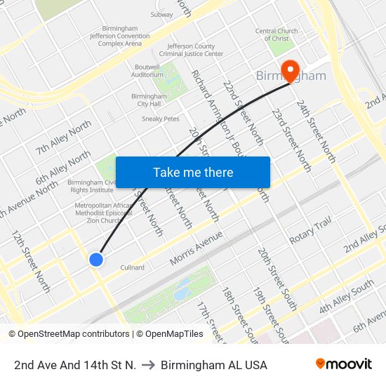 2nd Ave And 14th St N. to Birmingham AL USA map