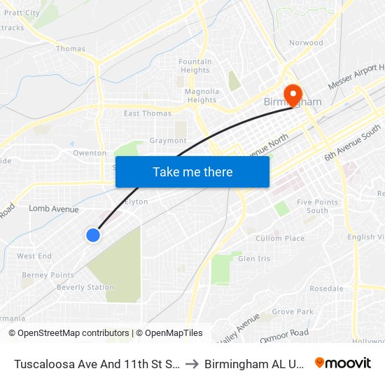 Tuscaloosa Ave And 11th St SW to Birmingham AL USA map