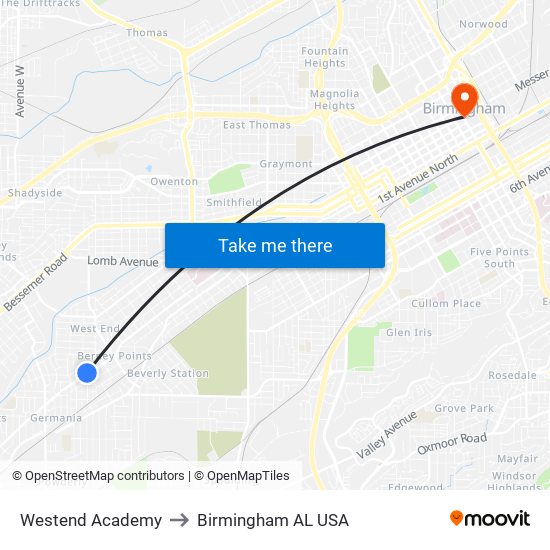 Westend Academy to Birmingham AL USA map