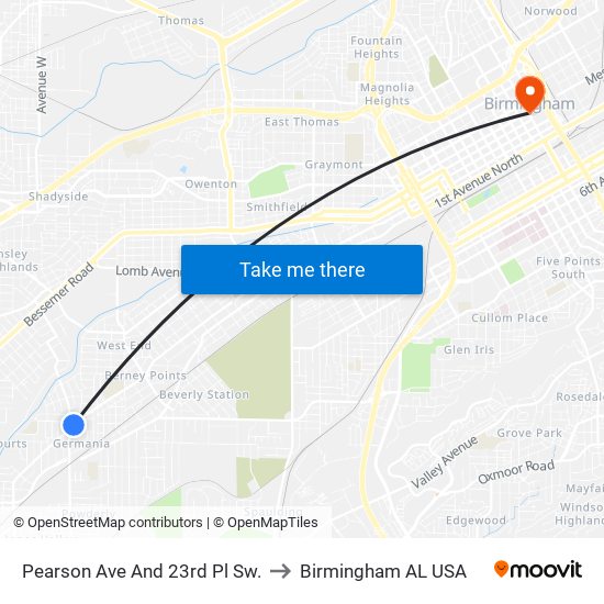 Pearson Ave And 23rd Pl Sw. to Birmingham AL USA map