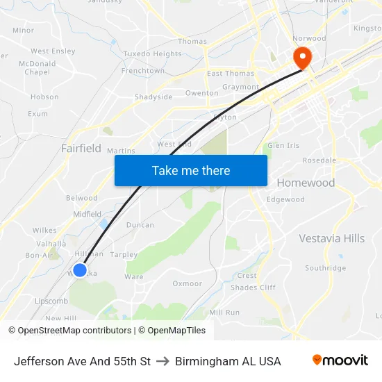 Jefferson Ave And 55th St to Birmingham AL USA map
