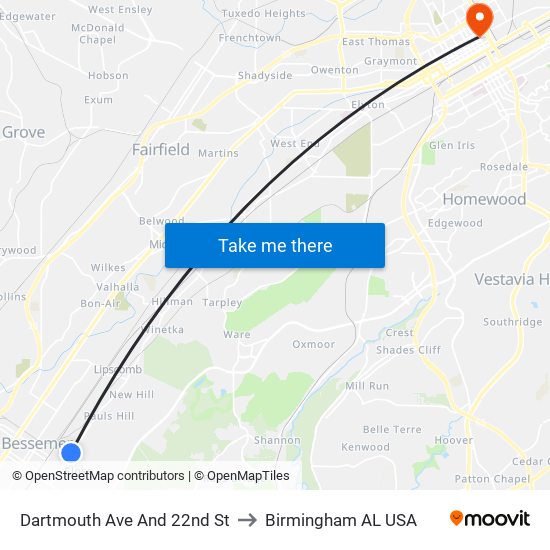 Dartmouth Ave And 22nd St to Birmingham AL USA map