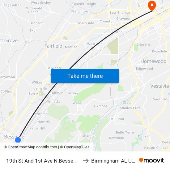 19th St And 1st Ave N.Bessemer to Birmingham AL USA map