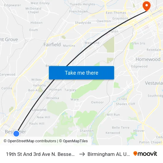 19th St And 3rd Ave N. Bessemer to Birmingham AL USA map