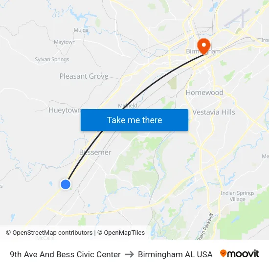 9th Ave And Bess Civic Center to Birmingham AL USA map