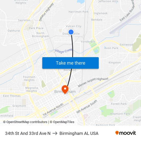 34th St And 33rd Ave N to Birmingham AL USA map