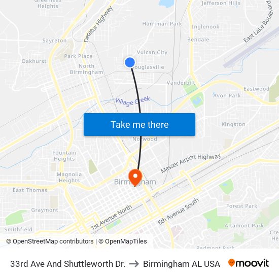 33rd Ave And Shuttleworth Dr. to Birmingham AL USA map