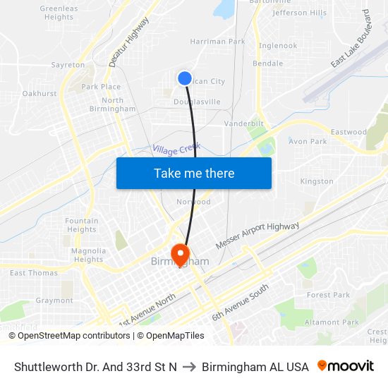 Shuttleworth Dr. And 33rd St N to Birmingham AL USA map