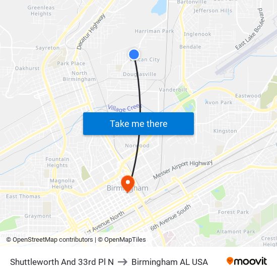 Shuttleworth And 33rd Pl N to Birmingham AL USA map