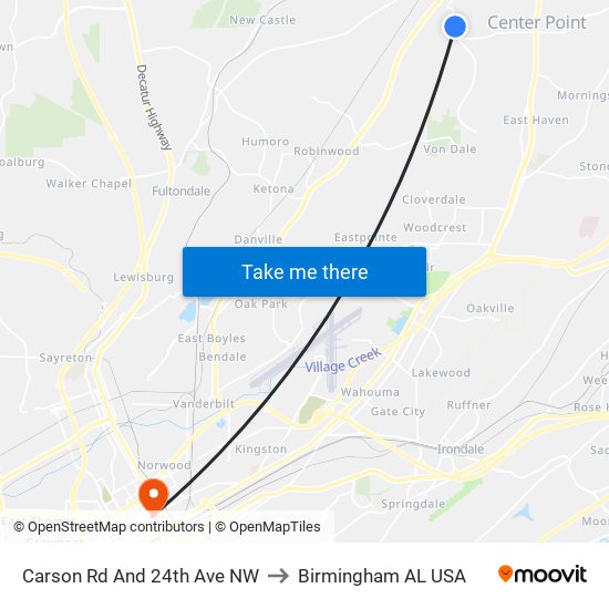 Carson Rd And 24th Ave NW to Birmingham AL USA map